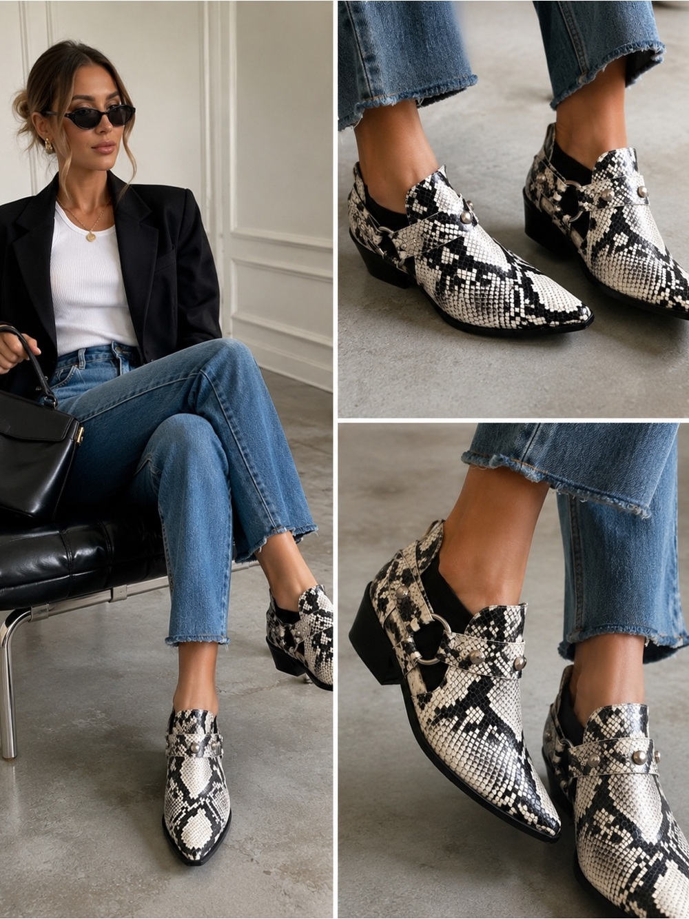 Rag & Bone Snakeskin Leather Pointed Toe Harness Ankle Booties Shoes 38 / 8
